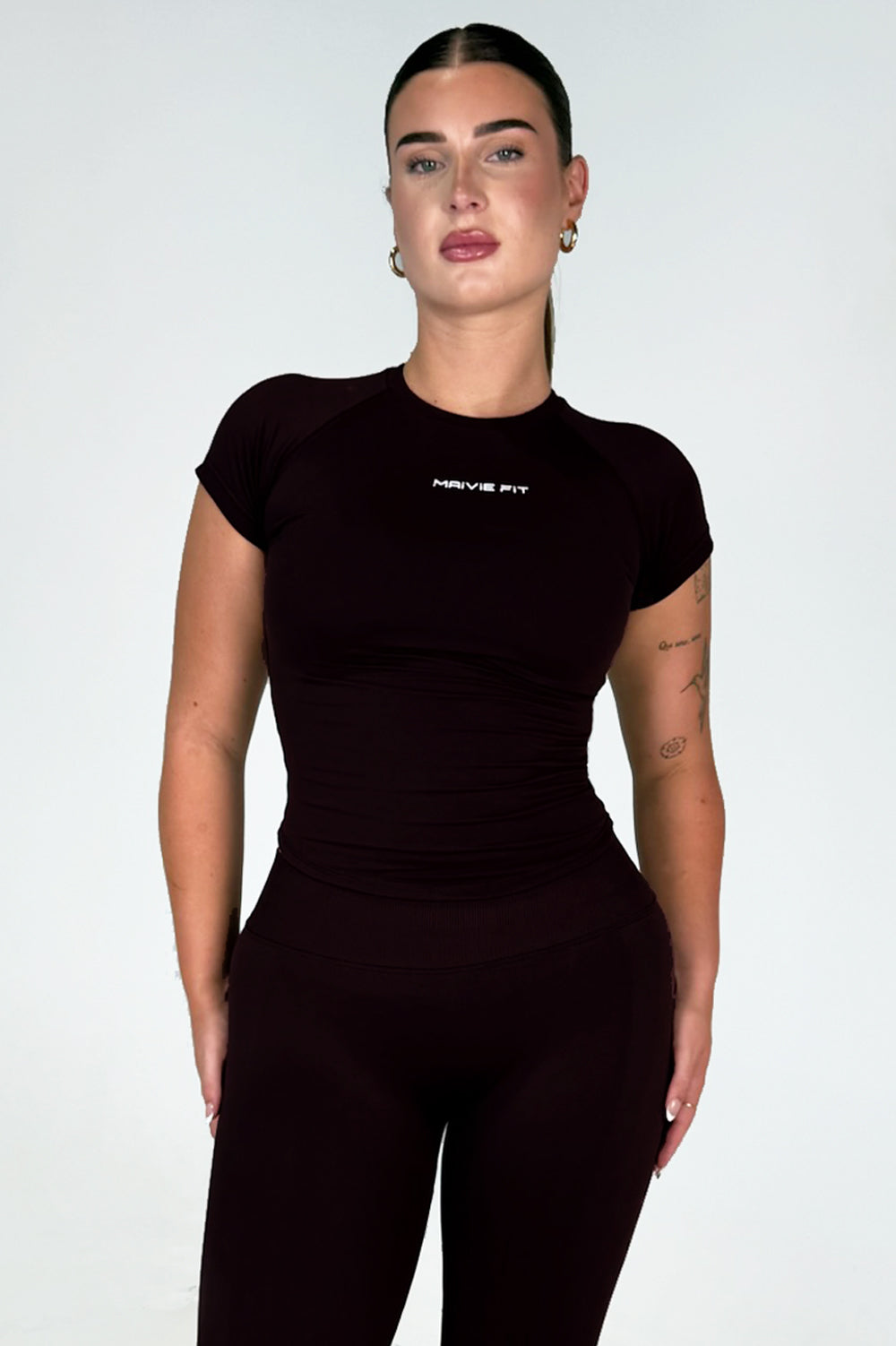 Maivie Fit Compression SS Tee in Deep Black Rear View with matching Leggings