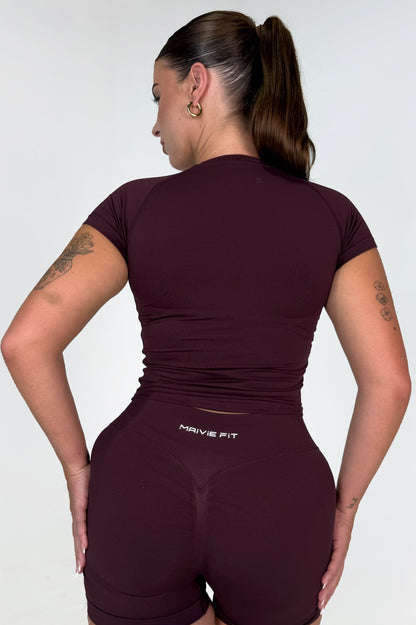 Maivie Fit Signature Scrunch Shorts and Matching SS Compression Tee in Mulberry