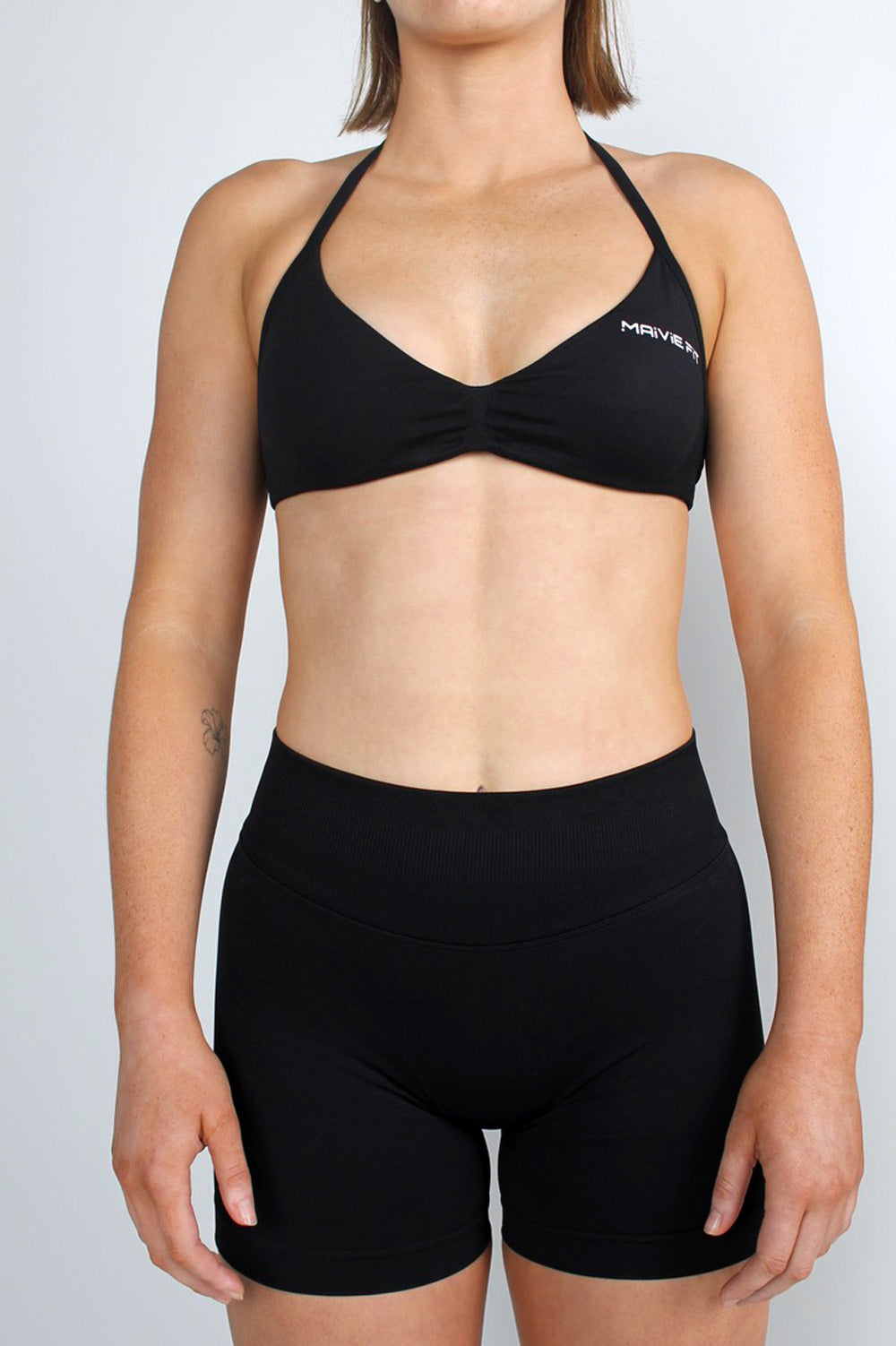 Mavie Fit Halter Crop in Deep Black and Matching Signature Scrunch Shorts