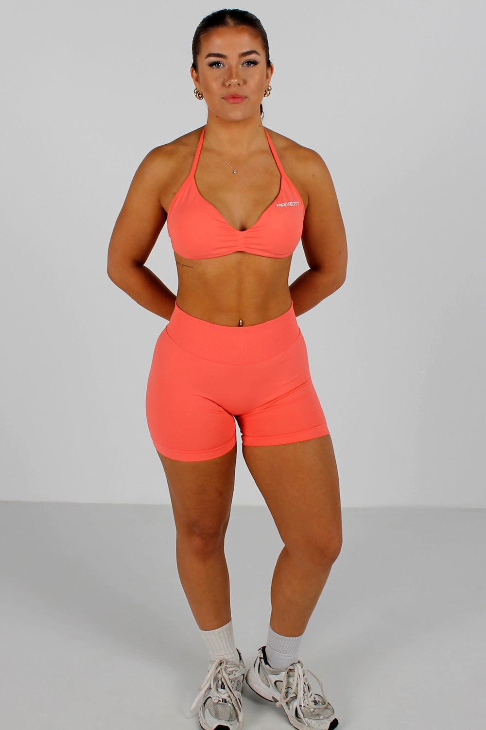 Maivie Fit Halter Crop and Matching Signature Scrunch Shorts in Peach
