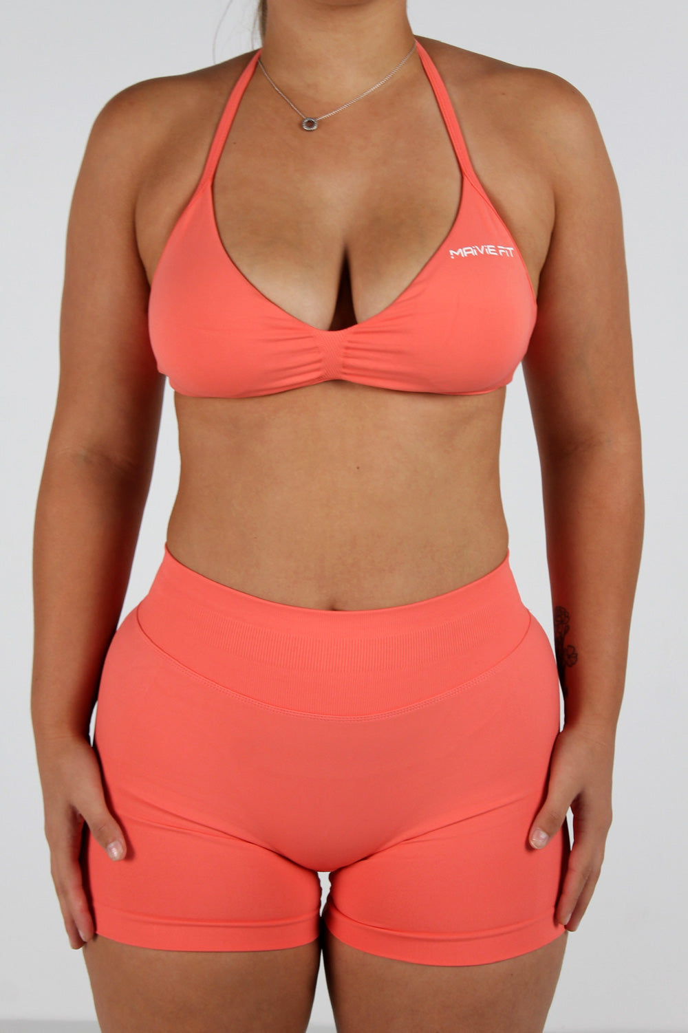 Maivie Fit Halter Crop and Matching Signature Scrunch Shorts in Peach