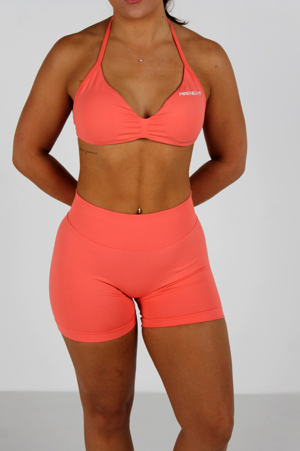 Maivie Fit Halter Crop and Matching Signatue Scrunch Shorts in Peach