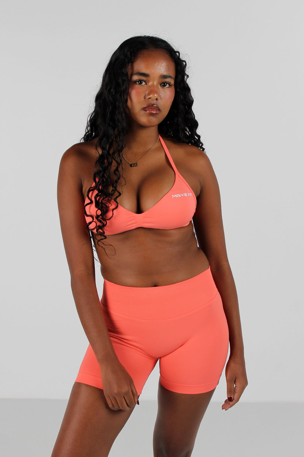 Maivie Fit Halter Crop and Matching Signature Scrunch Shorts in Peach