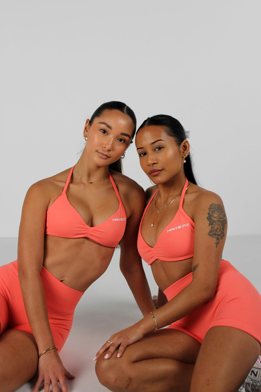 Maivie Fit Halter Crop and Matching Signature Scrunch Shorts in Peach