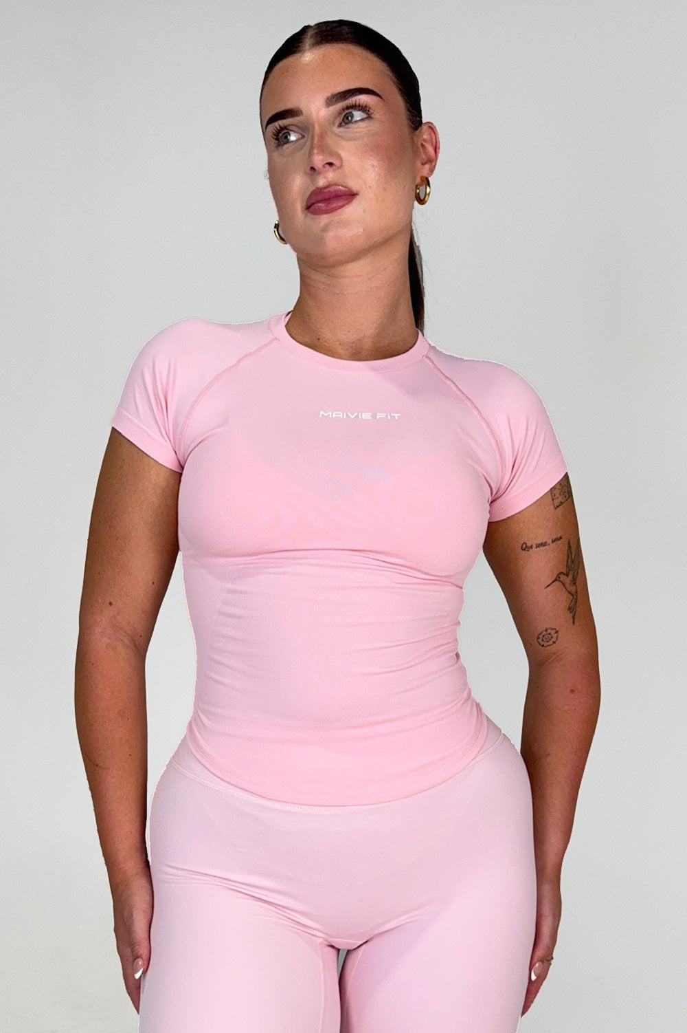 Maivie Fit Compression SS Tee in Baby Pink with matching Flare Pants