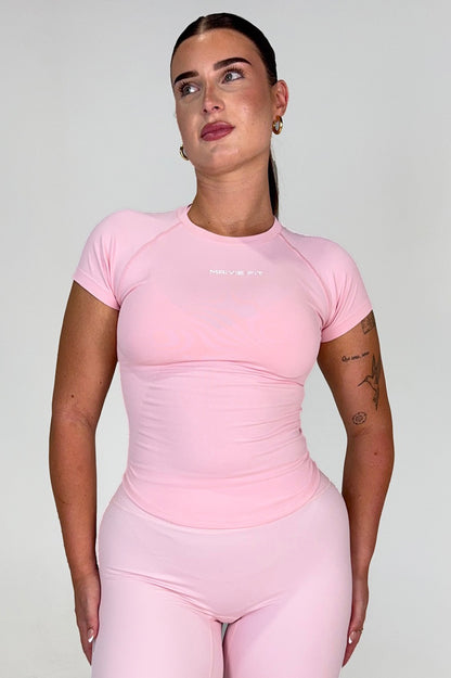 Maivie Fit Compression SS Tee in Baby Pink with matching Flare Pants