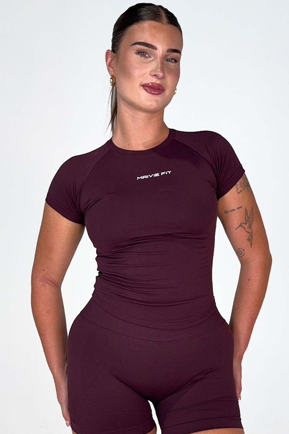 Maivie Fit Compression SS Tee in Mulberry with matching shorts