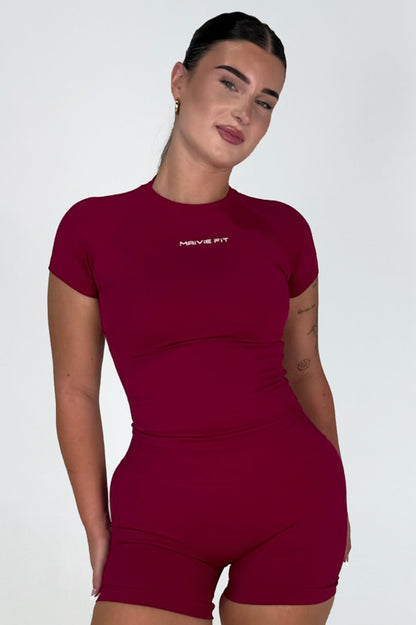 Maivie Fit Compression SS Tee in Wildberry with matching shorts