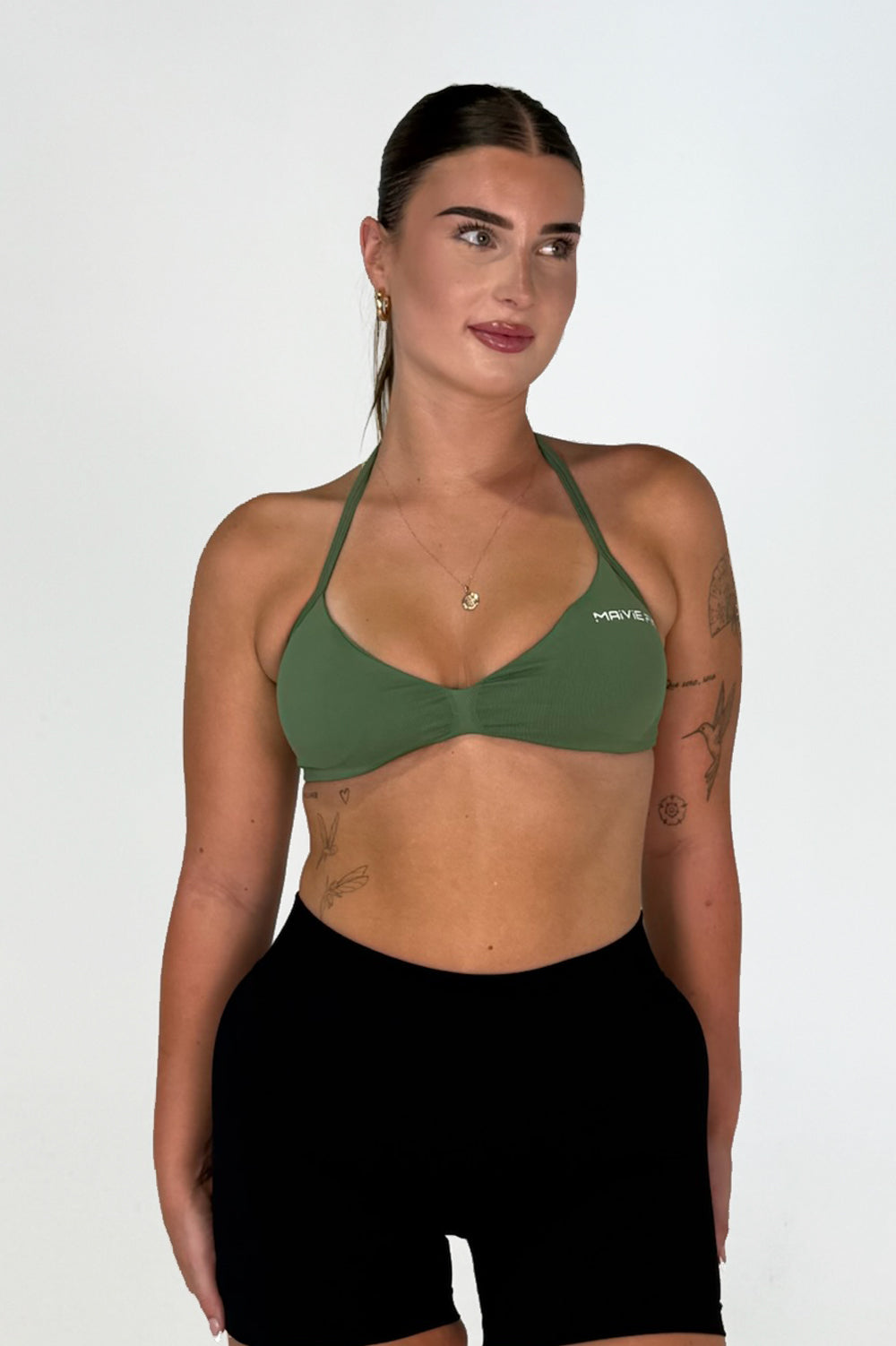 Maivie Fit Halter Crop in Olive and Signature Scrunch Shorts in Deep Black