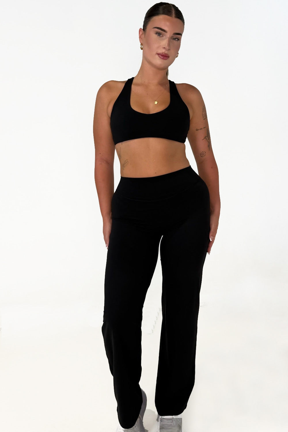 Maivie Fit Shape Crop and matching Flares in Deep Blsck 