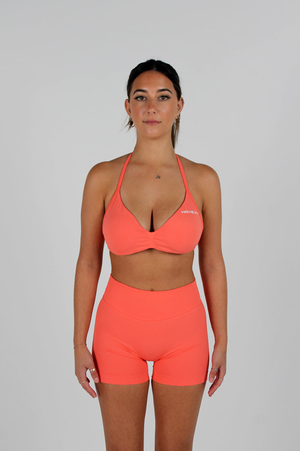 Maivie Fit Halter Crop and Matching Signature Scrunch Shorts in Peach