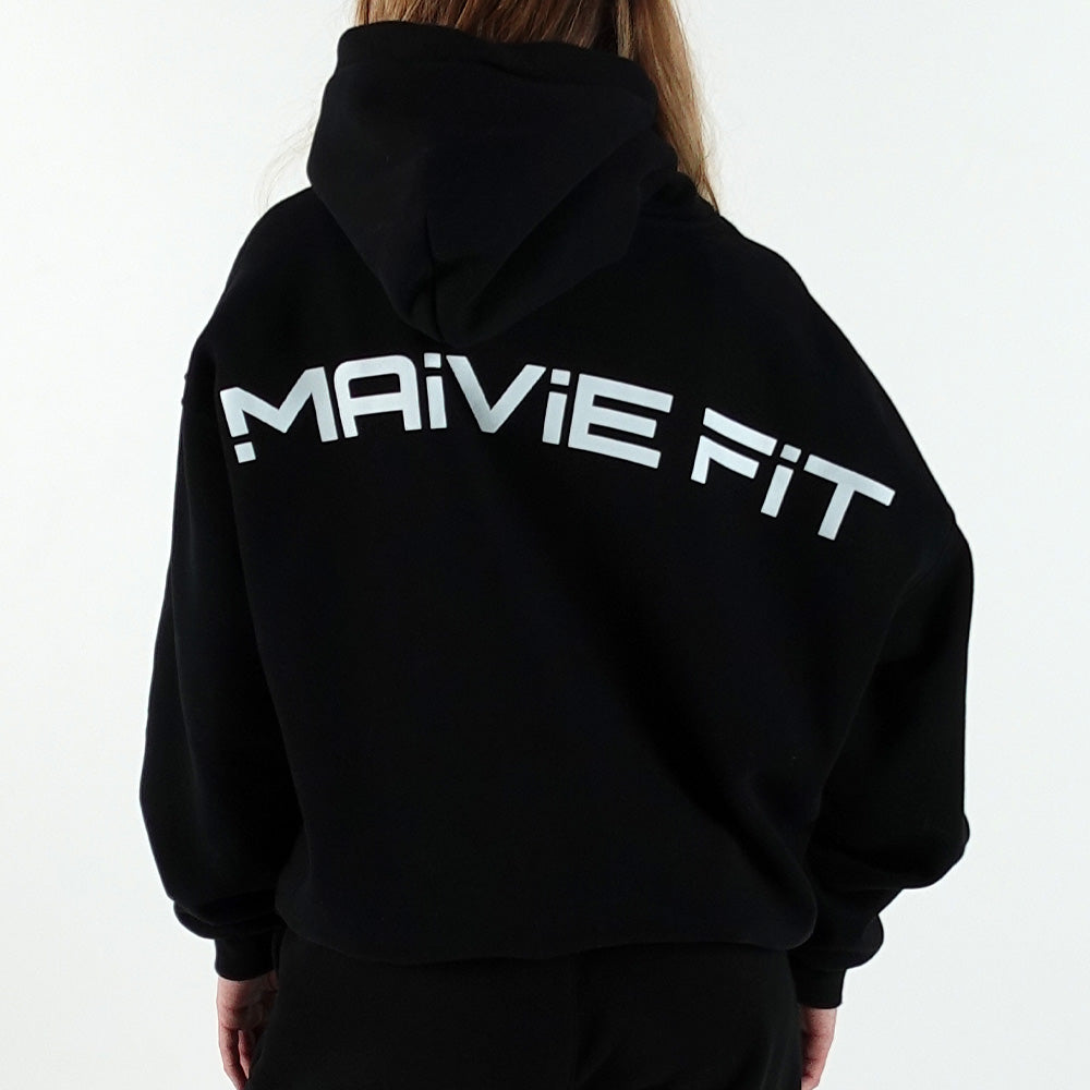 Maivie Fit Hoodie in Deep Black with White Print